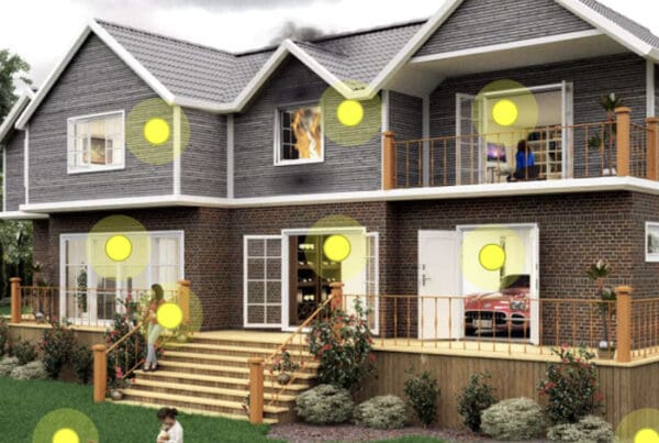 Clickable Coverage - Home Insurance Scene with a Family in the Yard of a Large Modern Home